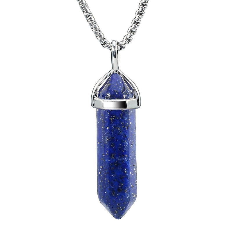 [Australia] - BEADNOVA Gemstone Crystal Necklace for Women Healing Stone Pendant Jewelry for Men Pendulum Divination Energy Healing Hexagonal Pendent (18 Inches Stainless Steel Chain) 1) Synthetic Lapis Lazuli 
