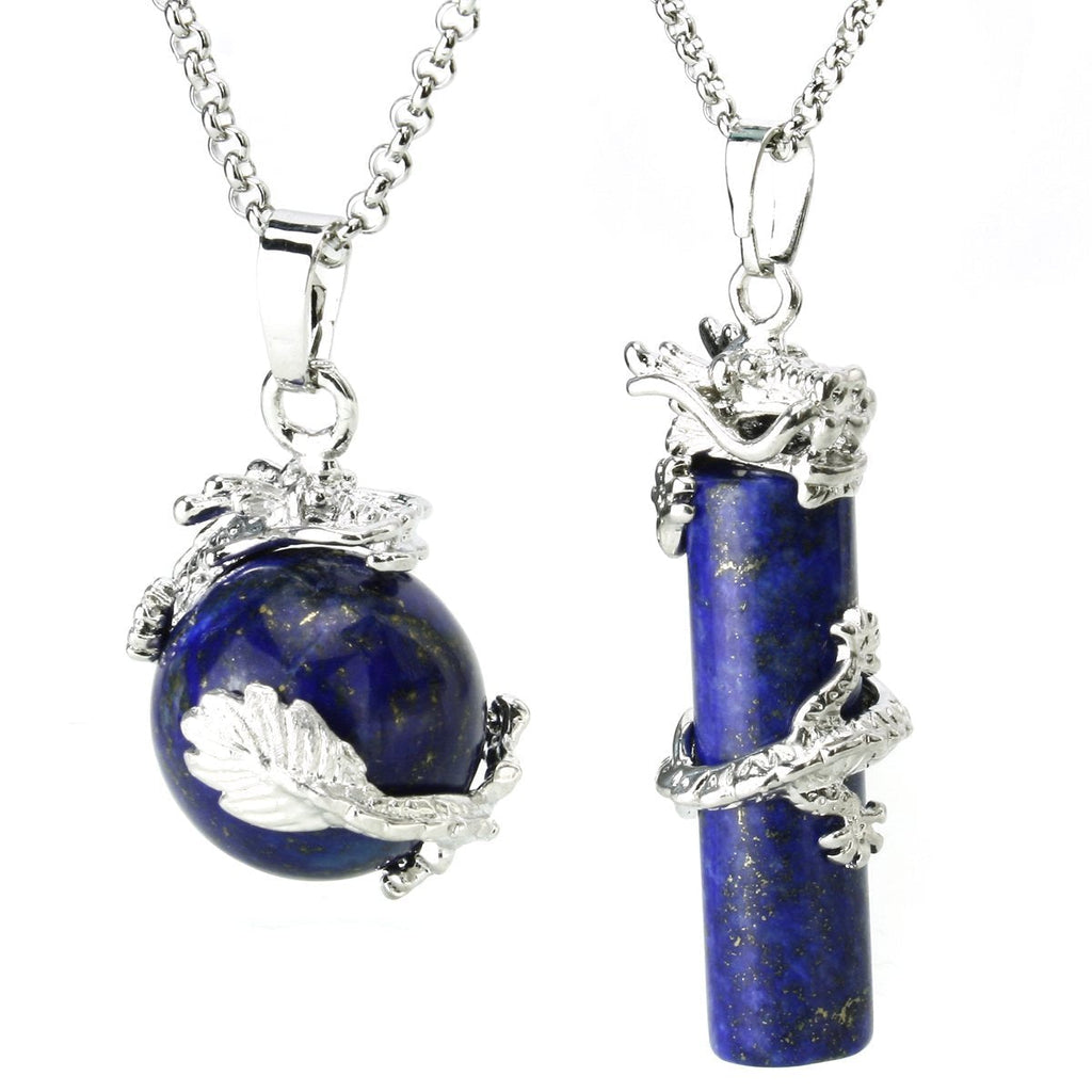 [Australia] - BEADNOVA 2pcs Dragon Wrapped Round Ball Cylinder Gemstone Necklace Crystal Healing Couple Pendant Necklaces Set 06) Synthetic Lapis Lazuli 