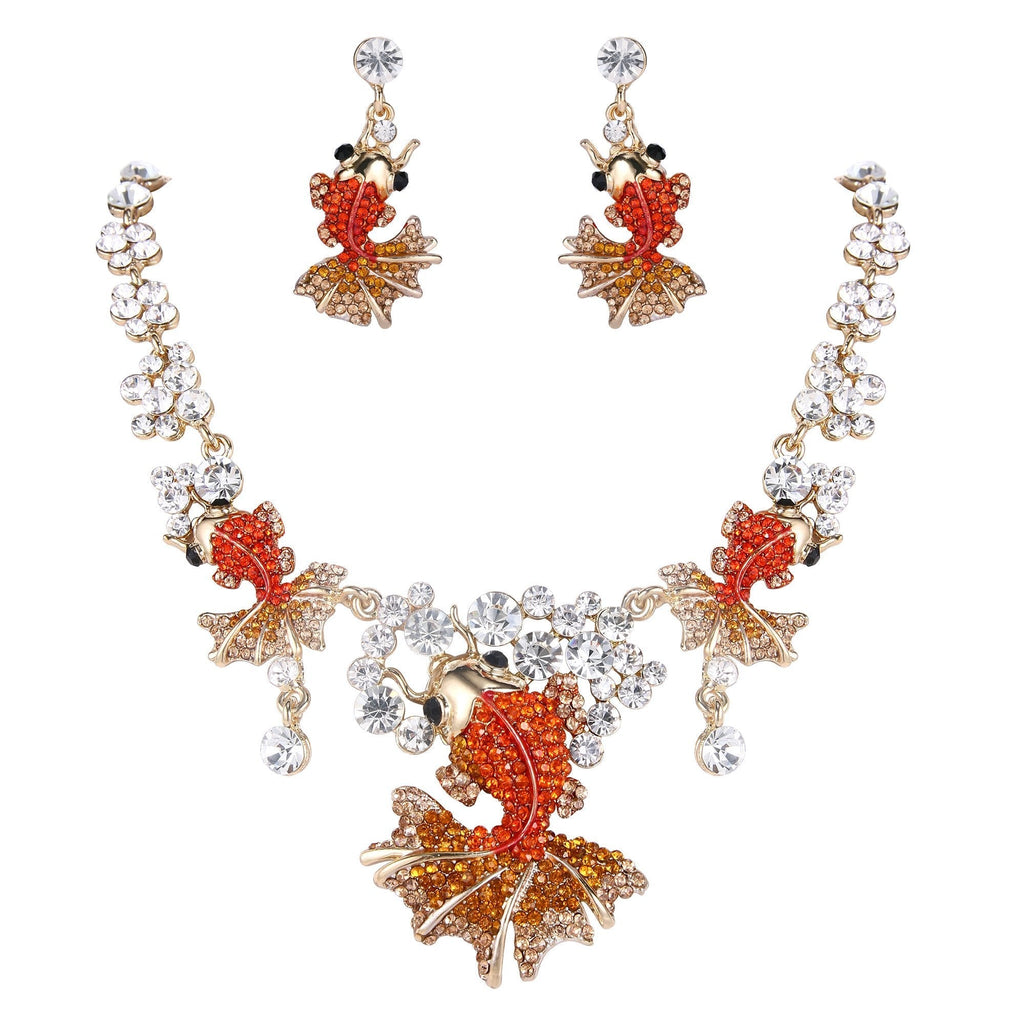 [Australia] - EVER FAITH Lovely Carp Wave Austrian Crystal Necklace Earrings Set Orange Gold-Tone 