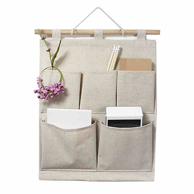 [Australia] - Over The Door Magazine Storage Pockets, Wall Door Closet Hanging Storage Bag Organizer, (5 Pockets-Nature) 