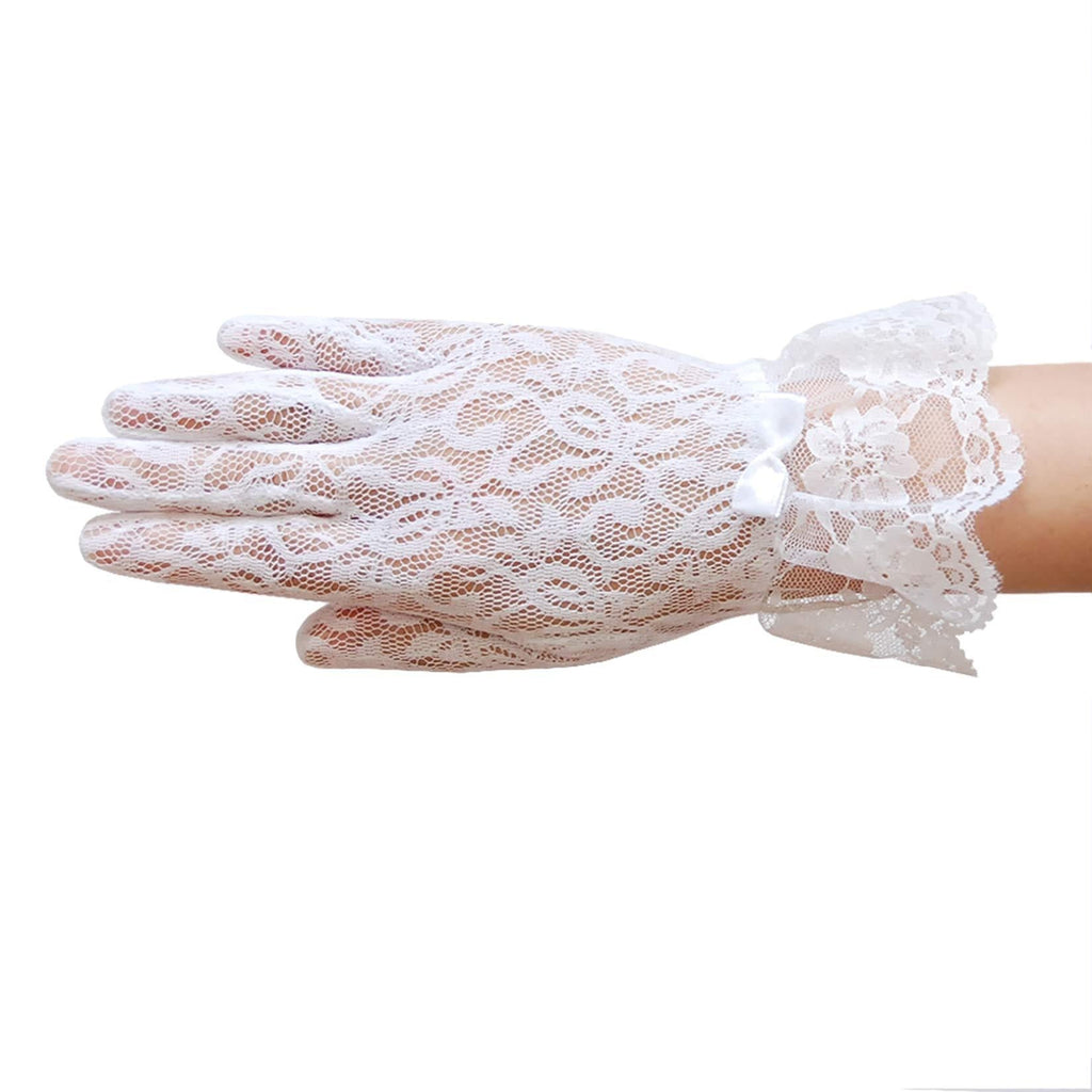 [Australia] - ZAZA BRIDAL Stretch floral lace gloves for girl with lace ruffle trim Wrist Length 2BL White Medium - 8-12 yrs 