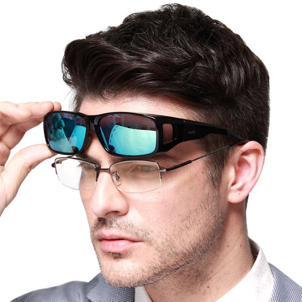 [Australia] - DUCO Unisex Wraparound Fitover Glasses Polarized Wear Over Sunglasses 8953 L Size Black Frame Revo Blue Lens 