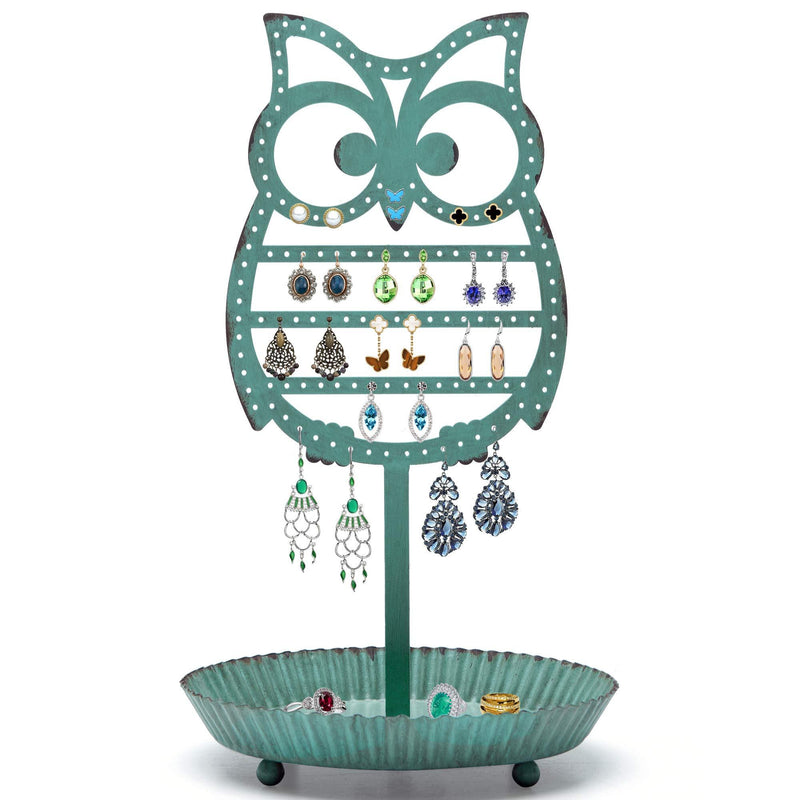 [Australia] - NIKKY HOME Earring Holder Hanging Organizer Stand Metal Jewelry Tree Table Top Owl Ear Stud Holder Tower Rack with Ring Tray for Girls Kids (134 Holes), Teal 13.2-In 