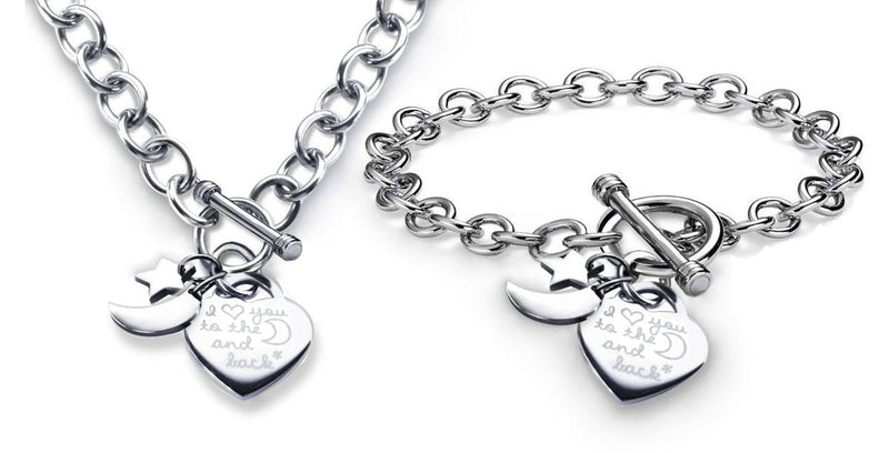 [Australia] - CoolRings Charm Necklace and Bracelet Set I Love You to The Moon and Back Heart Toggle Stainless Steel 