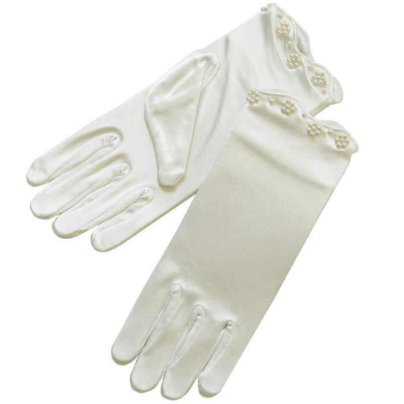 [Australia] - ZAZA BRIDAL Stretch Satin Gloves For Girl w/Scalloped trim & Pearl Accents Ivory Small - 4-7yrs 