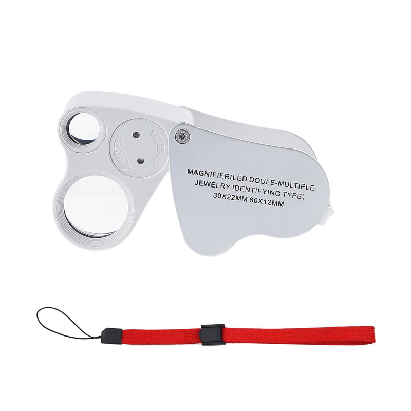 [Australia] - Illuminated Jewelry LED Eye Loupe Magnifier with Two Lens, 60X 12 mm and 30X 22 mm with Kare and Kind Retail Package (60x and 30x, Silver/White) 60x and 30x 
