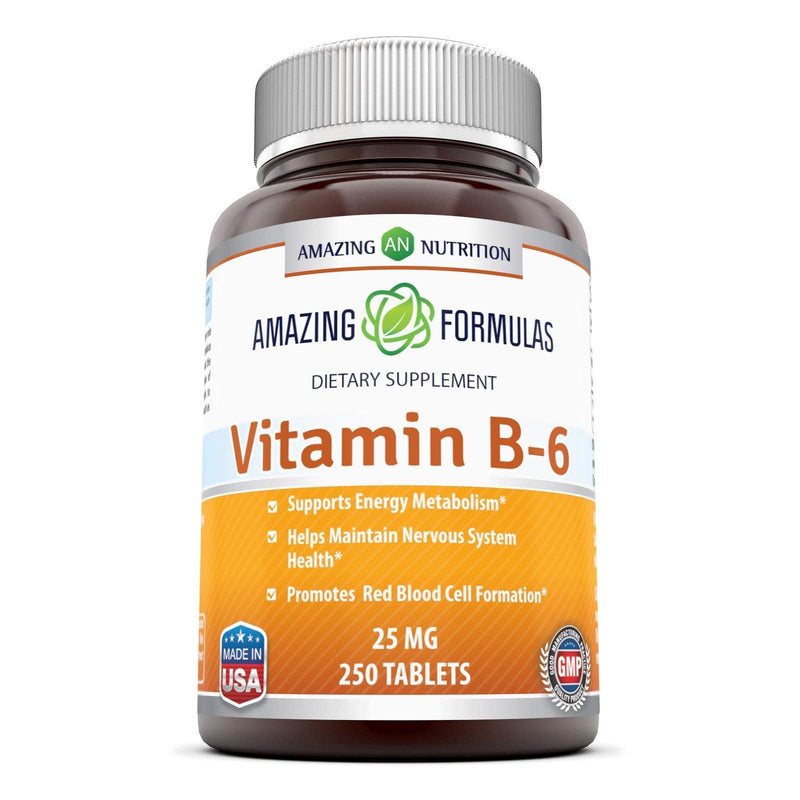 [Australia] - Amazing Formulas Vitamin B6 25 mg 250 Tablets Dietary Supplement (Non GMO,Gluten Free) – Supports Healthy Nervous System, Metabolism & Cell Health 250 Count (Pack of 1) 