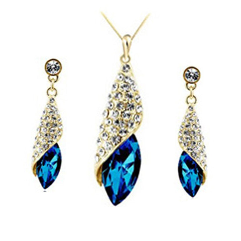 [Australia] - MAFMO Women Crystal Necklace Earrings Fashion Gold-Plated Jewelry Set (9 Colors) pecock blue 