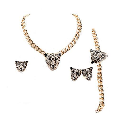 [Australia] - Cool Leopard Head Bracelet Earrings Necklace Ring Set 18k Gold Plated Rhinestone Chunky Curb Chain Costume African Jewelry Sets Jewelry Set 