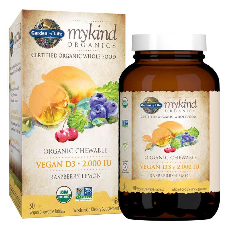 [Australia] - Garden of Life Organic Vitamin D - mykind Organics Vegan D3 Chewable - Raspberry Lemon, 2,000 IU (50mcg) Whole Food Vitamin D3 from Lichen Plus Food & Mushroom Blend, Gluten Free, 30 Chewable Tablets 