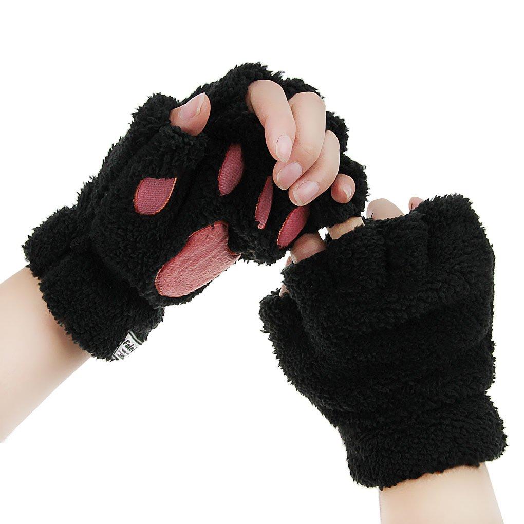 [Australia] - Starsource Cat Claw Paw Winter Plush Half Finger Gloves Mitten For Girls Black 