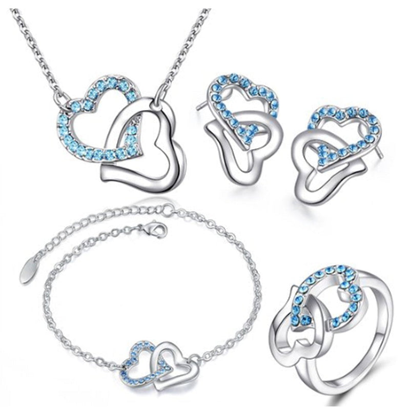 [Australia] - MAFMO Fashion Rhinestone Double Heart Jewelry Set 4pcs Necklace Bracelet Ring Earrings Sea Blue 
