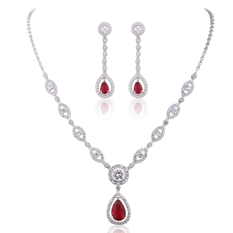 [Australia] - GULICX Silver Plated Base Ruby Color Red Jewelry Set Necklace Earrings Women Wedding Party 