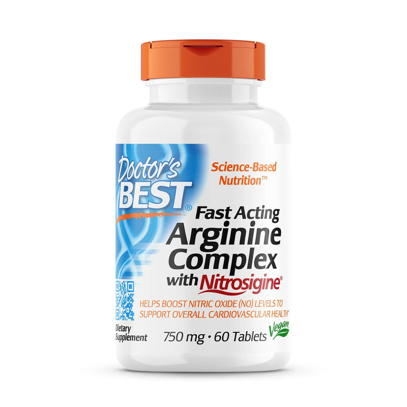[Australia] - Doctor's Best Fast Acting Arginine Complex w/Nitrosigine, Boost Nitric Oxide, Blood Flow & Vessel Flexibility, Non-GMO, Vegan, Gluten Free, 750mg, White (DRB-00406) 