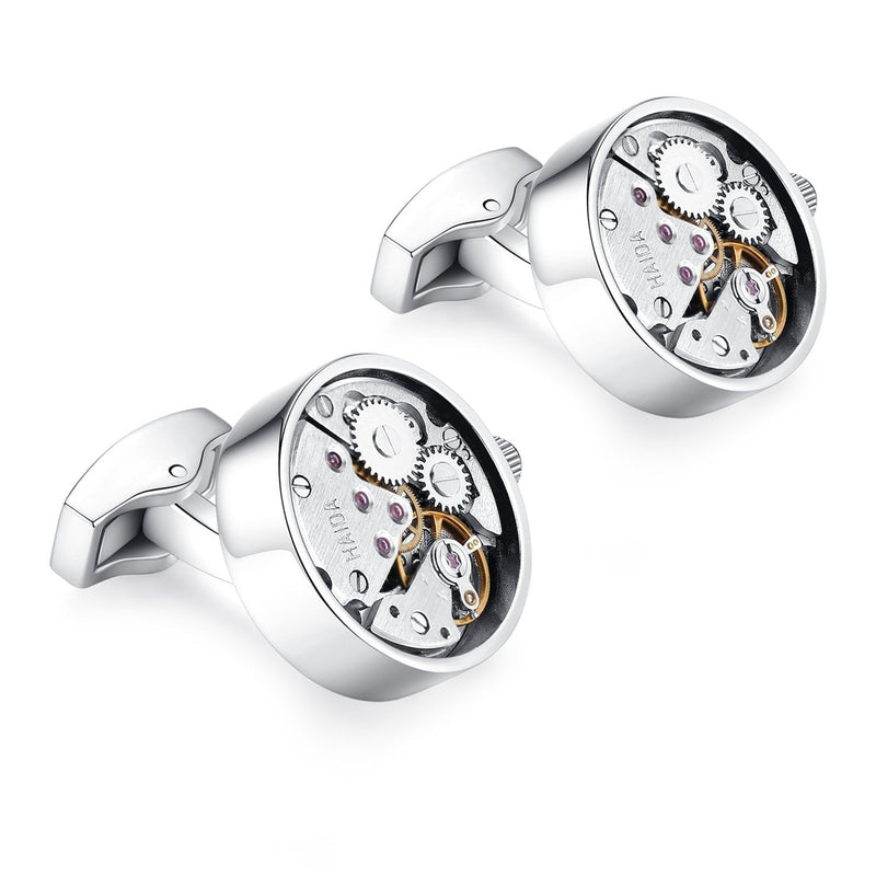 [Australia] - HONEY BEAR Cufflinks Mens Vintage Watch Movement Steampunk for Wedding Gift Silver 