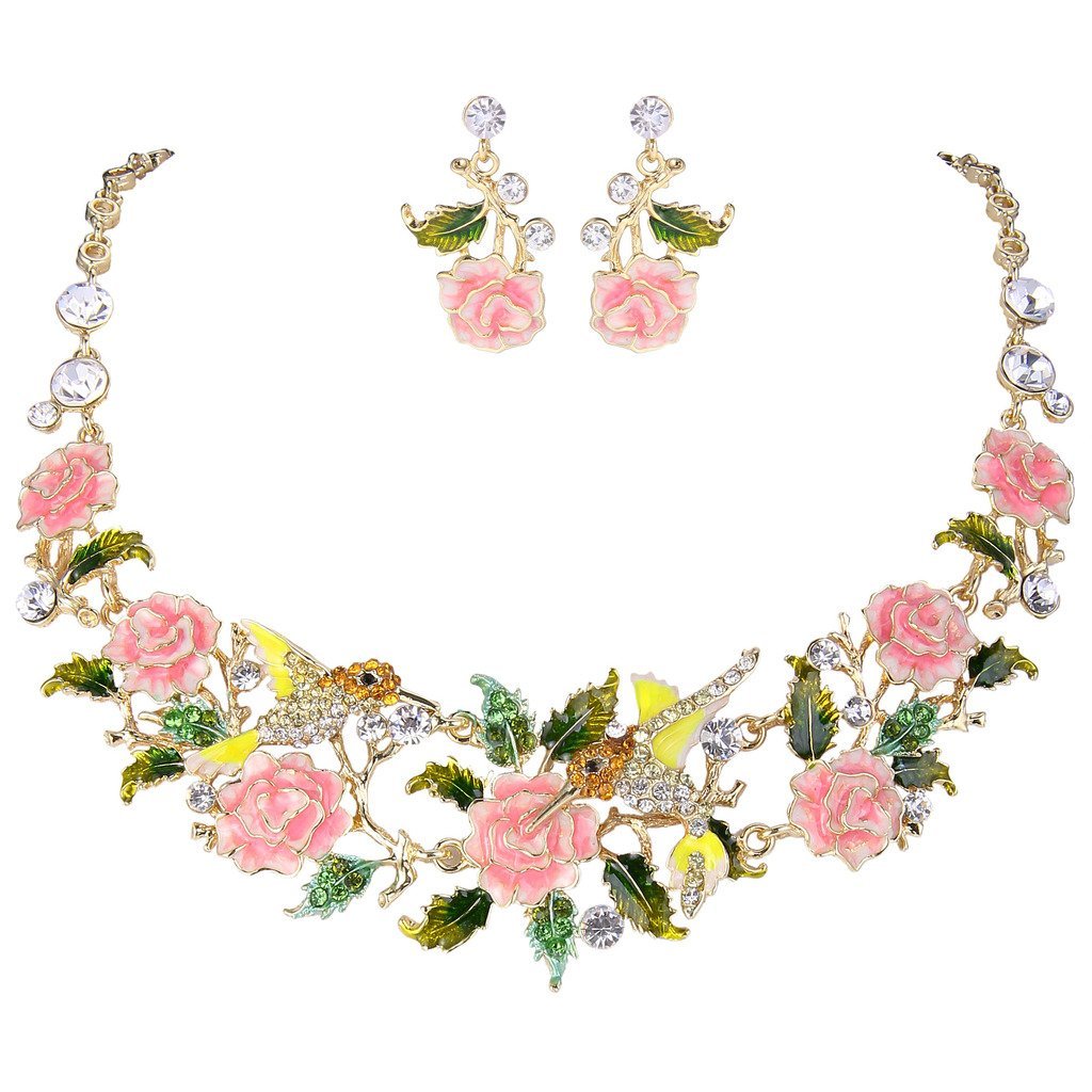 [Australia] - EVER FAITH Crystal Enamel Hummingbird Hibiscus Flower Leaf Necklace Earrings Set Gold-Tone Pink 