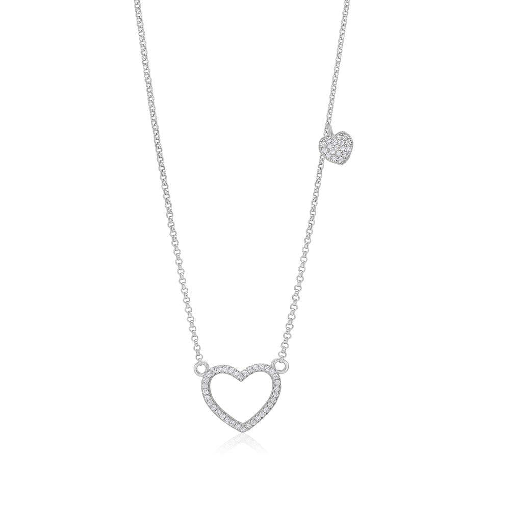 [Australia] - Sterling Silver 925 Open Heart Necklace Pendant Girls Teens Cubic Zirconia 15" Strong Rolo Chain Italy UnicornJ Clear CZ - Sterling Silver 