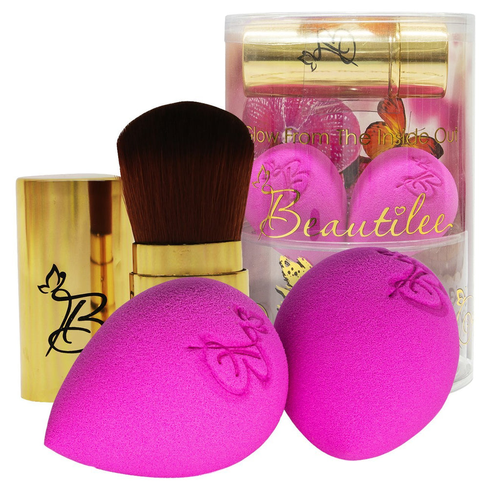 [Australia] - Beautilee Makeup Blending: Blend Like a Pro with This 3 Piece Beauty Kit of 2 Soft Sponges and 1 Soft Powder Brush in 3 Color Choices Plus Instructions (Gold) Gold 