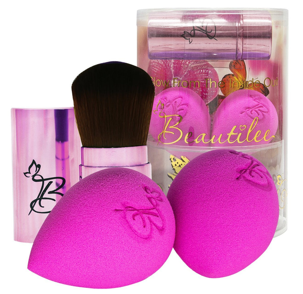 [Australia] - Beautilee Makeup Blending: Blend Like a Pro with This 3 Piece Beauty Kit of 2 Soft Sponges and 1 Soft Powder Brush in 2 Color Choices Plus Instructions PINK BRUSH 