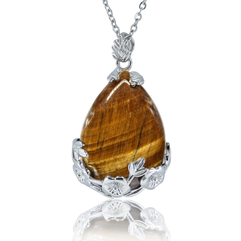 [Australia] - KISSPAT Teardrop Necklace Natural Crystal Stone Pendant on 20" Stainless Steel Chain… D-Tiger's eye 