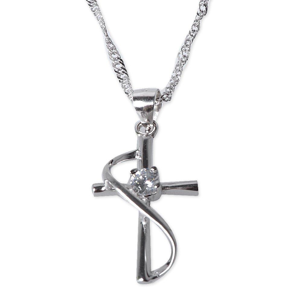 [Australia] - 925 Sterling Silver Cubic Zirconia Faith Hope Love Christian Cross Pendant Necklace, 18" 