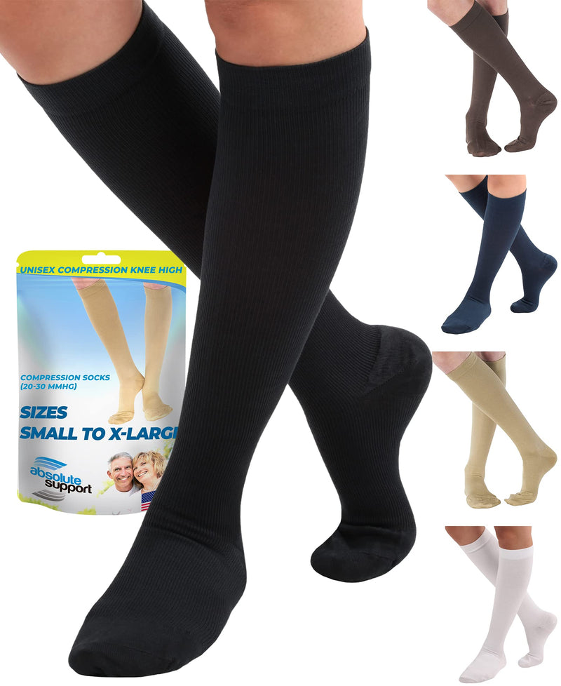 [Australia] - Opaque Cotton Compression Socks for Women and Men Circulation 20-30mmHg - Compression Knee High Stockings for Women and Men 20-30mmHg with Circulation - Made in USA by Absolute Support - Black, Large 