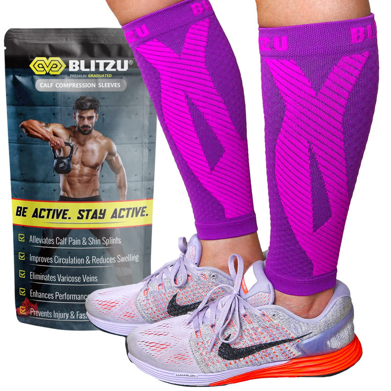 [Australia] - Calf Compression Sleeves for Men Women. Footless Compression Socks Without Feet . Shin Splints, Varicose Vein Treatment for Legs & Pain Relief. Calf Braces, Splints & Supports. Best Wide leg compression sleeve for Running Nurse Pregnant Pregnancy Purple 