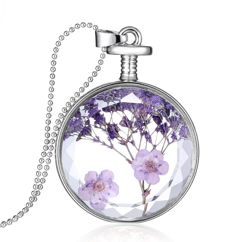[Australia] - Dried Pressed Purple Flower Necklace Heart Round Shape Glass Pendant Necklace for Women Girl 