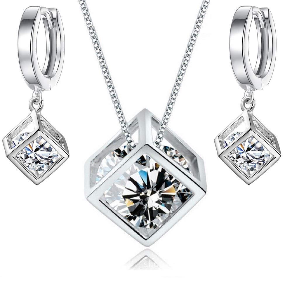 [Australia] - White Zirconia Crystals Cube Set Pendant Necklace 18" Dangle Earrings 18 ct White Gold Plated 