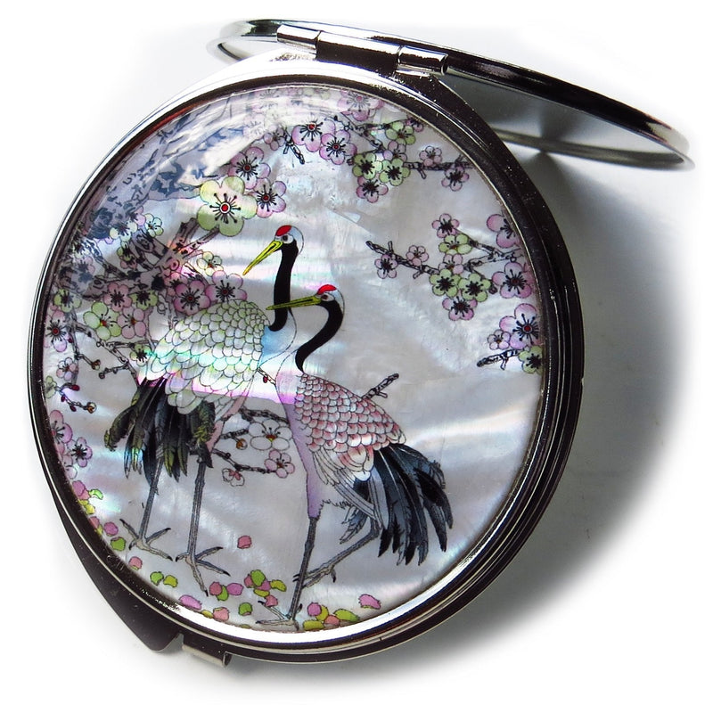 [Australia] - MADDesign Mother of Pearl Compact Mirror Round Double Sided Folding Magnify Crane Apricot Tree Design 