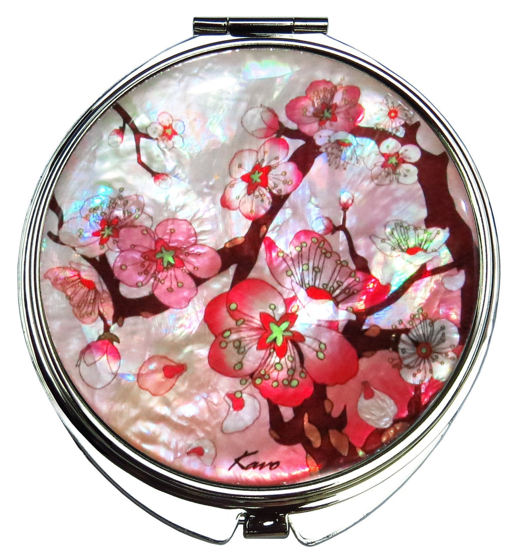 [Australia] - MADDesign Mother of Pearl Pink Makeup Mirror Dual Compact Folding Magnify Apricot Tree Flowers Design 