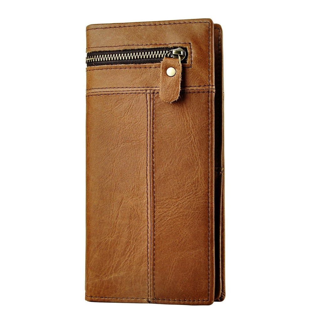 [Australia] - Le'aokuu Mens Genuine Leather Organizer Checkbook Card Case Bifold Wallet with Zipper Pocket (Light Brown) 