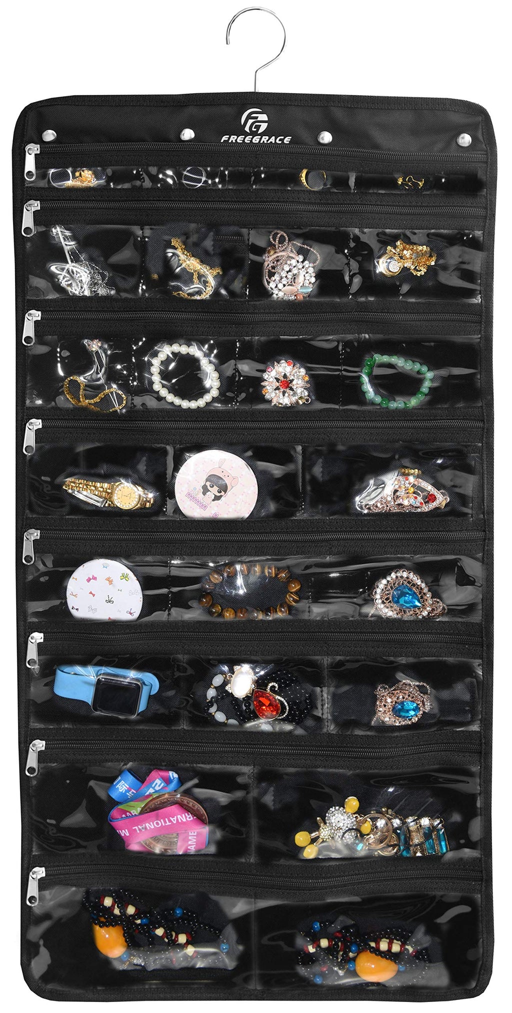 [Australia] - Premium Hanging Jewelry Organizer By Freegrace - Revolving Hanger - Secure Zipper Closure - 25 Pockets & 23 Hooks - Foldable Storage & Display Solution - Perfect For All Jewelry & Bijoux - Black Black (25 Pockets and 23 Hooks) 