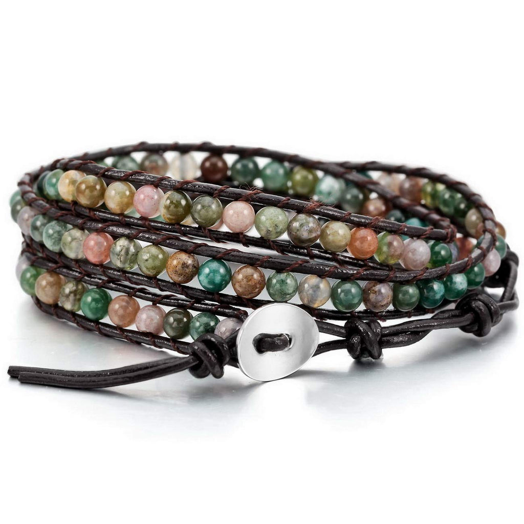 [Australia] - MOWOM Layered Bracelets for Women Men Boys Girls Genuine Leather Bracelet Rope Bangle Cuff Crystal Gemstone Bohemian Style & Beads Braided 3/5 Wraps Adjustable Handmade Jewelry Gifts A1: Multicolor Bead (3 Wraps) 