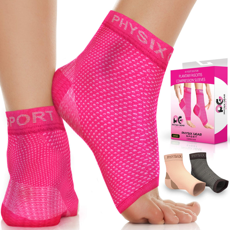 [Australia] - Physix Gear Sport Plantar Fasciitis Socks with Arch Support for Men & Women - Ankle Compression Sleeve, Toeless Compression Socks Foot Pain Relief, Ankle Swelling - Better than Night Splint, Pink L/XL L/XL-US Mens 8.5-13 | Womens 8-11 Pink (1 Pair) 