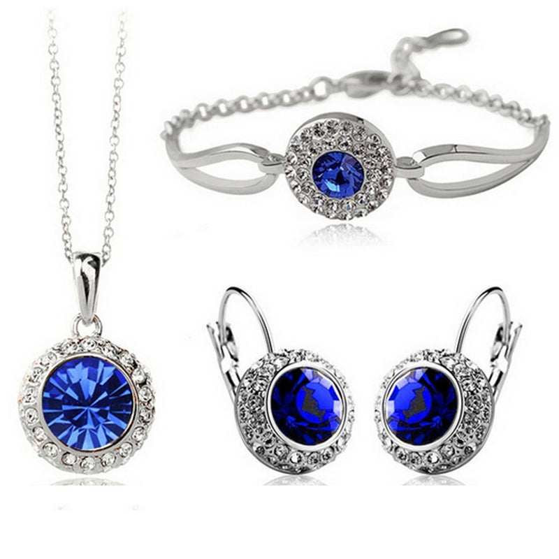 [Australia] - MAFMO White Platinum Plated Crystal Round Shaped Necklace Bracelet Earrings Set Women Fashion Jewelry Royal Blue 