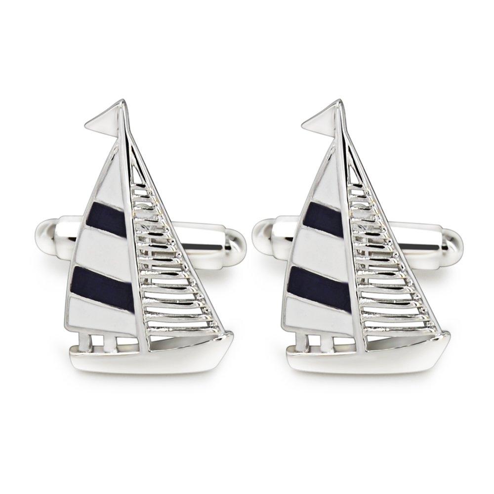 [Australia] - Mr.Van Navy Blue Sail Boat Cufflinks Classic Fashion Modern Stripe Cufflinks Blue and Silver 01 