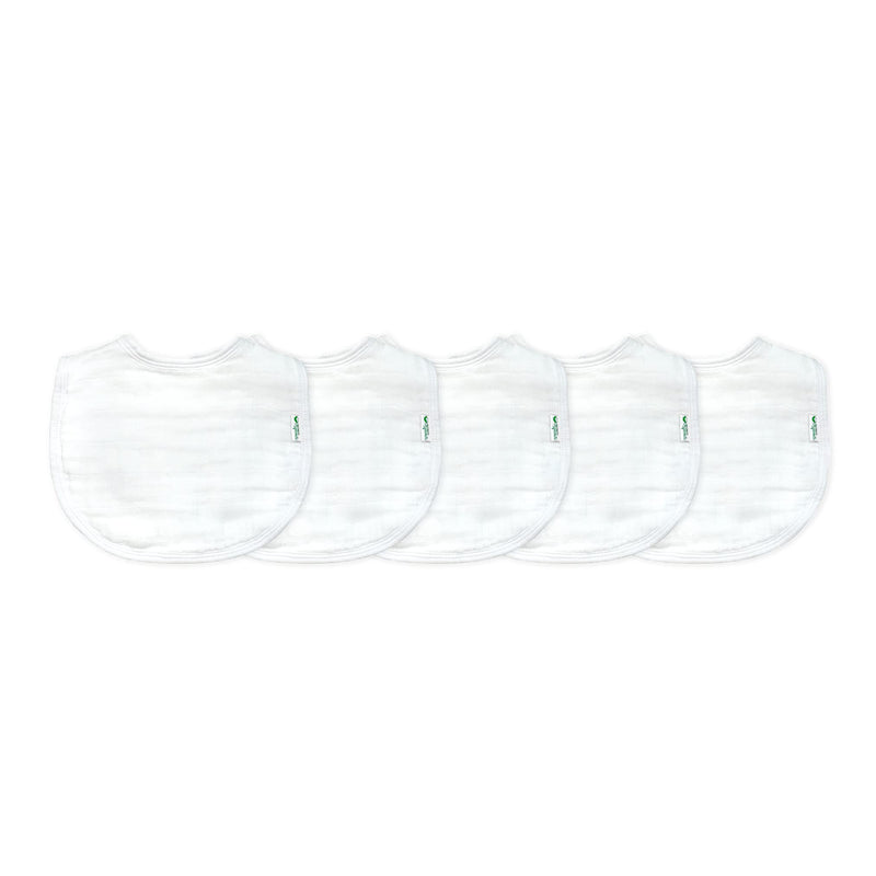 [Australia] - green sprouts Muslin Bibs Made from Organic Cotton (5 Pack)| 4 Absorbent Layers Protect from sniffles, Drips, & drools | 100% Organic Cotton Muslin, Adjustable snap Closure, Machine Washable White (5pk) 