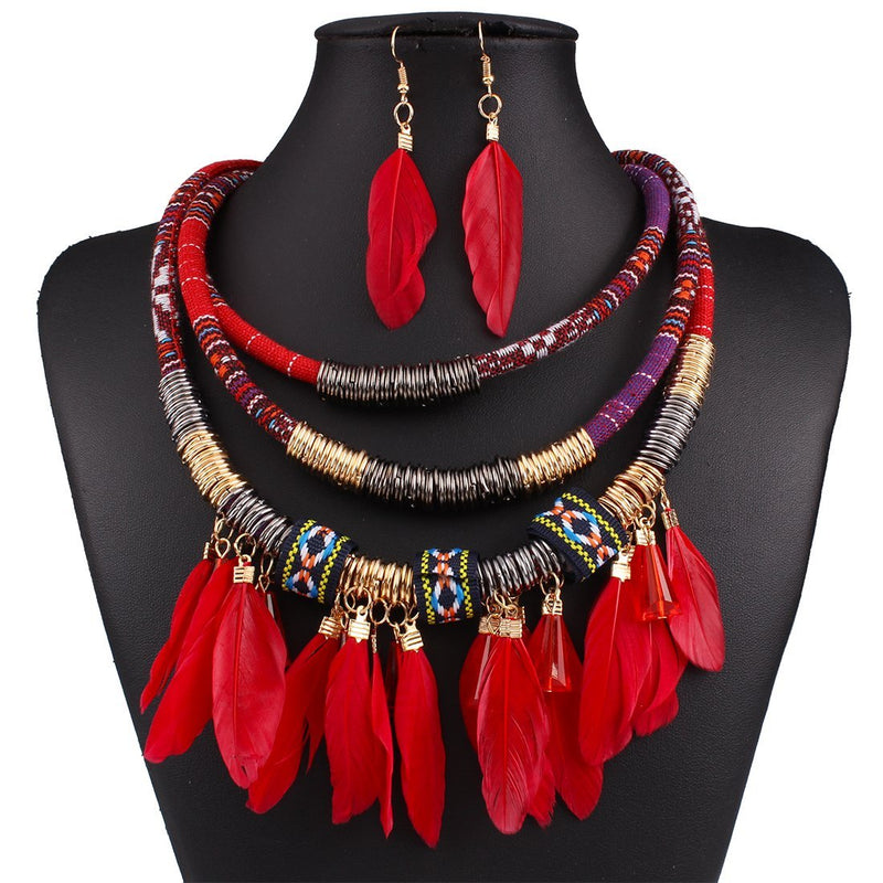 [Australia] - XY Fancy Feather Pendant Multi Layers Tribal Bib Necklace Statement Earring Jewelry Set Red 