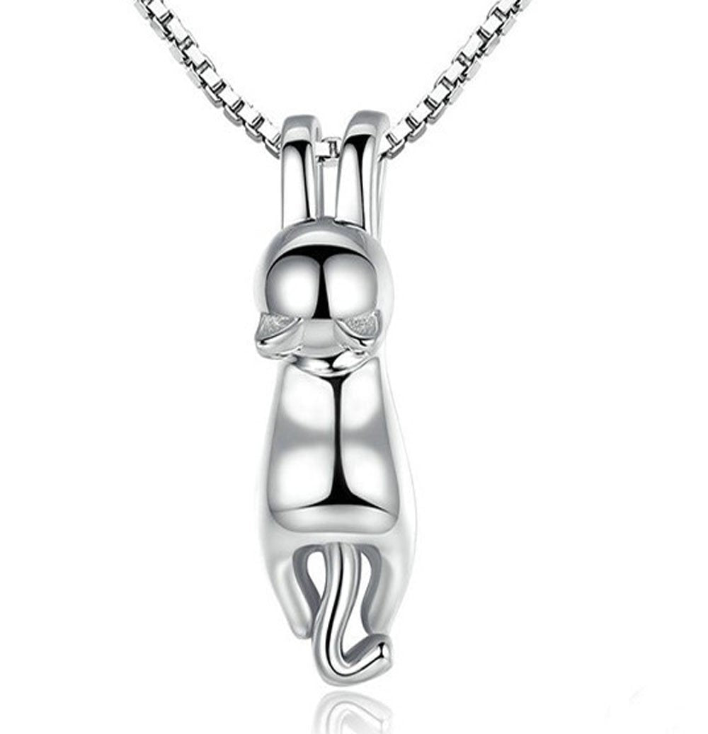 [Australia] - findout Women 3D Cat Necklace 925 Silver Smooth Cute Cat Pendant Necklace With Curb Chain 18in For Girls Childen(f1581) 