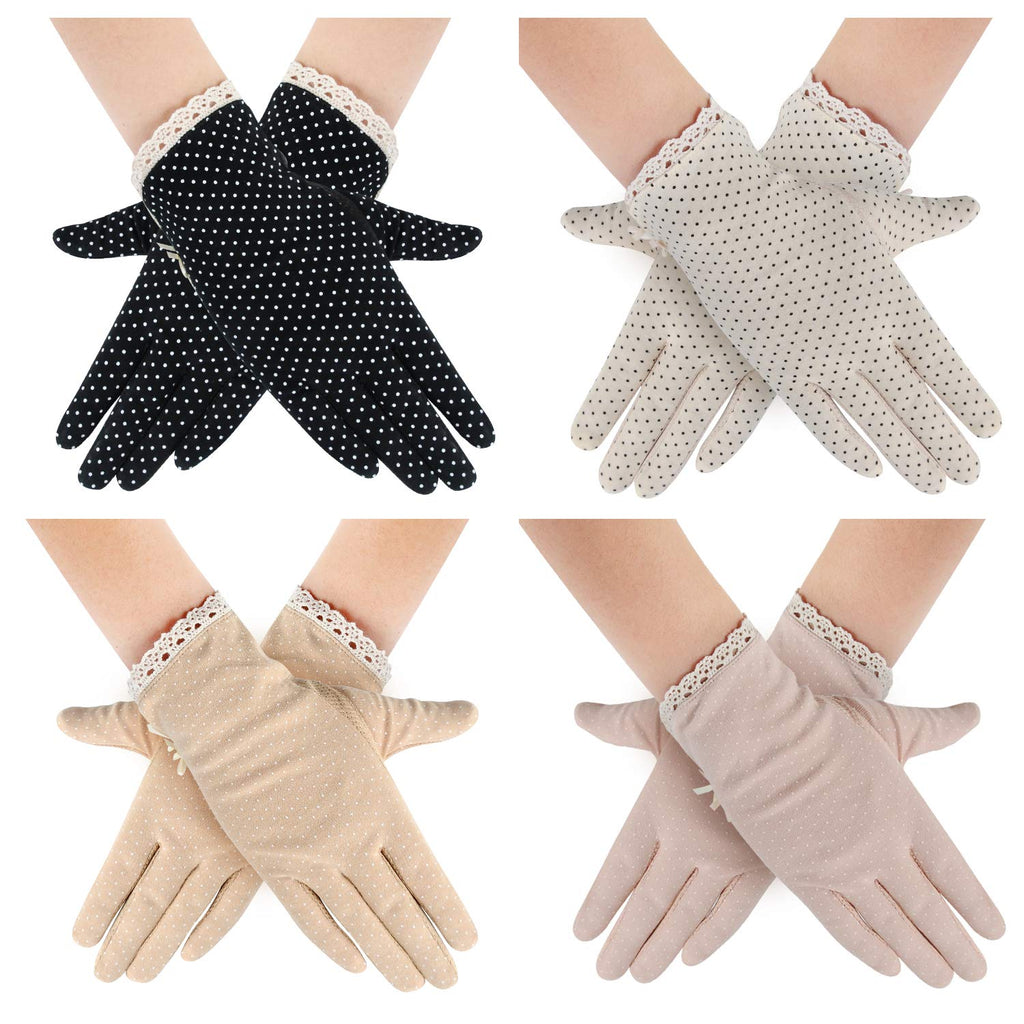 [Australia] - 4 Pairs Summer Women Dots Sun Uv Protection Gloves Cotton Lace Anti-skid Driving Gloves 