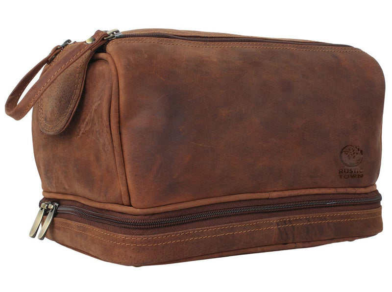 [Australia] - Genuine Leather Travel Toiletry Bag - Dopp Kit Organizer By Rustic Town (Brown) Brown 