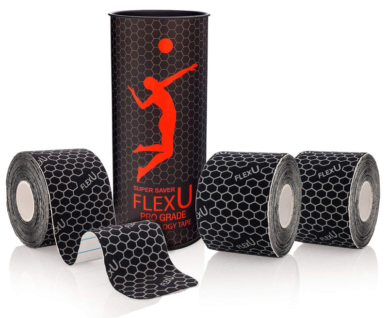 [Australia] - FlexU Kinesiology Tape, Black 3 Roll Pack - Ultra-Thin Rayon, Latex-Free, Hypoallergenic Professional Therapeutic Tape to Alleviate Pain, Reduce Swelling, and Promote Faster Recovery 