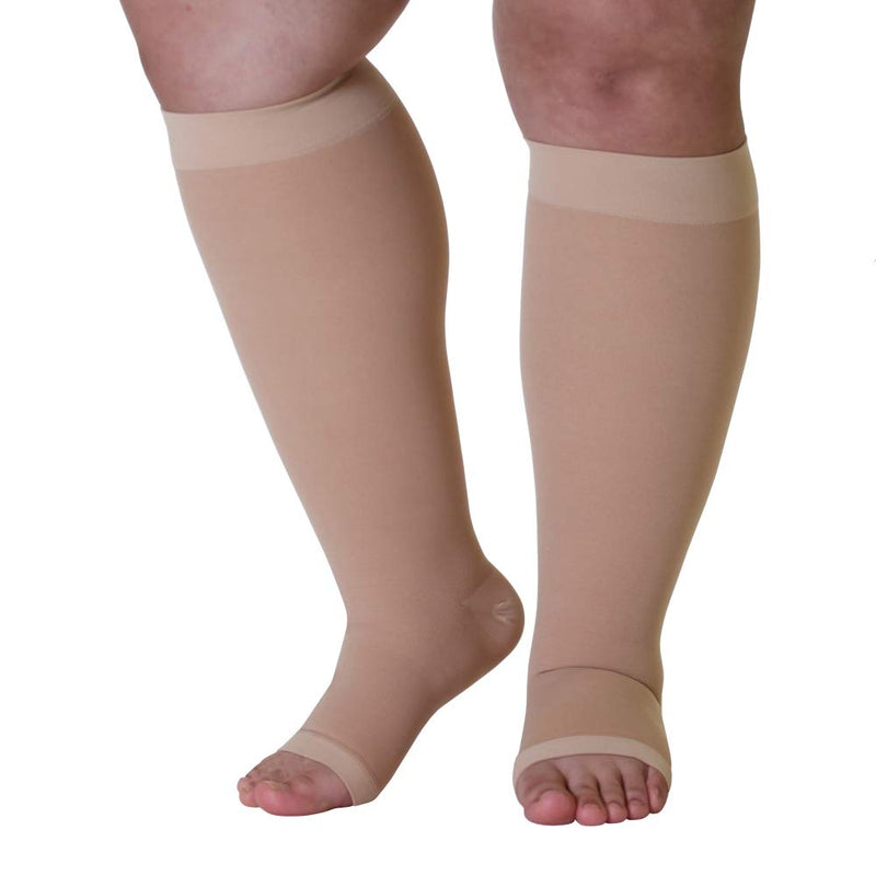 [Australia] - Made in The USA - Plus Size XXL Opaque Compression Socks with Extra Wide Calf - Knee-Hi Firm Support - Open Toe - 20-30mmHg – 2XL Compression Stockings for Woman - Support Socks for Men Beige XX-Large 