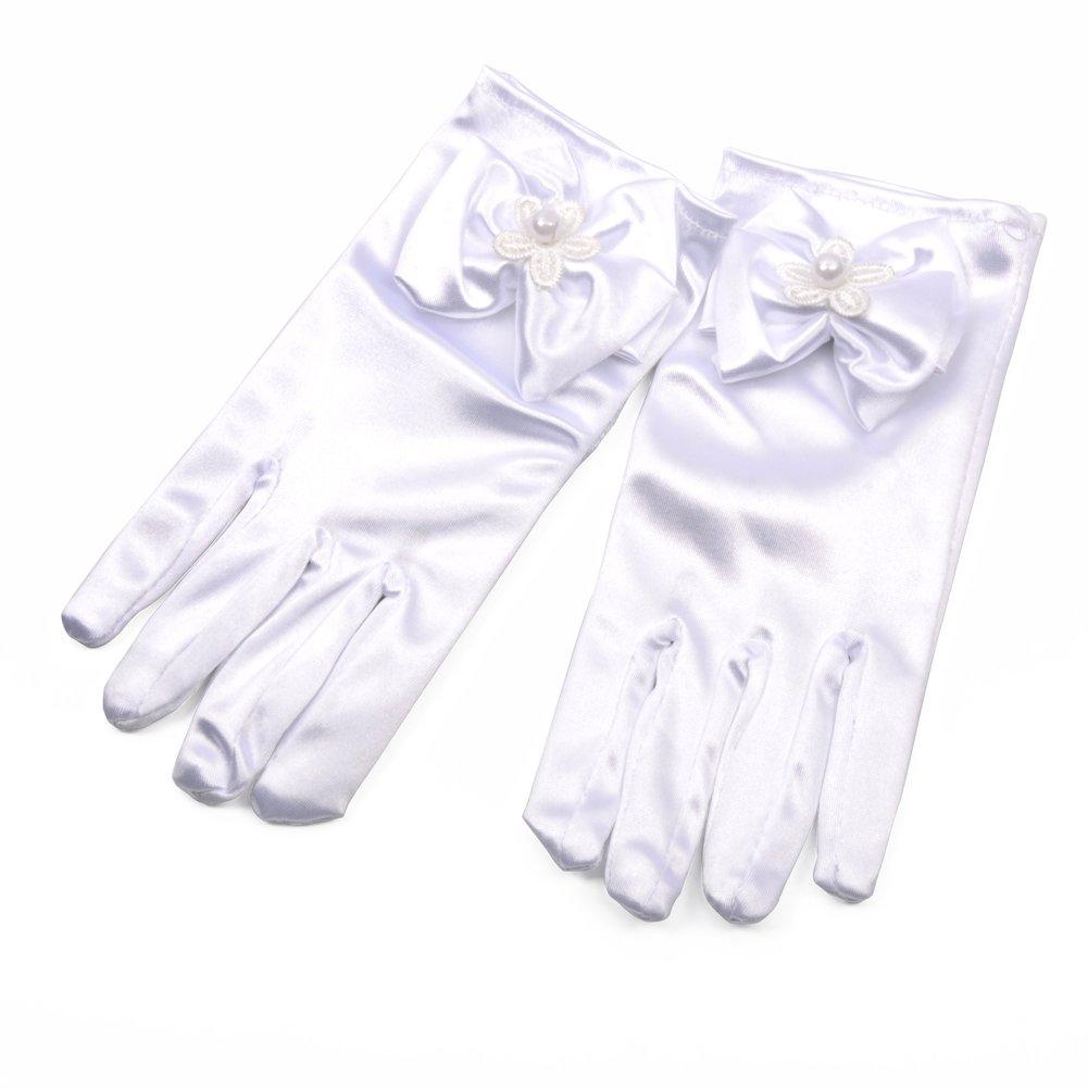 [Australia] - Lusiyu Girl Solid Child Size Wrist Length Formal Glove with Bow White 