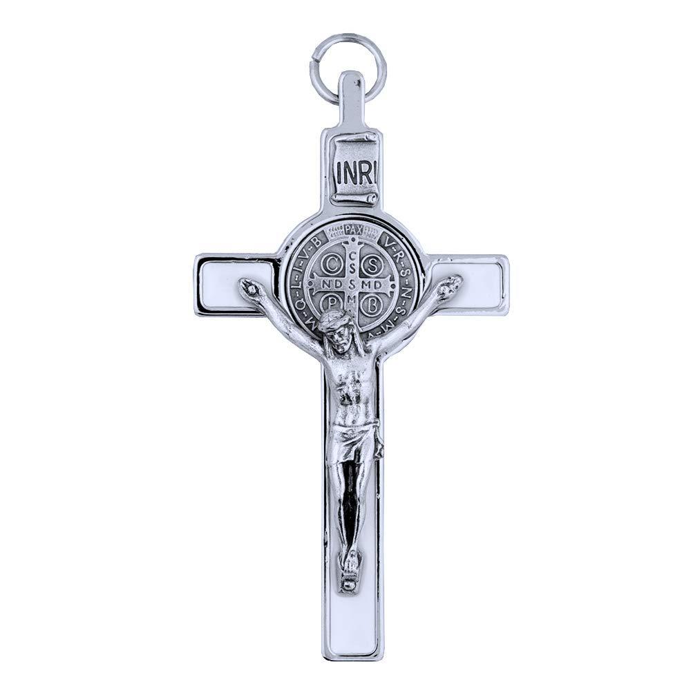 [Australia] - 3" Colored Enamel St. Benedict Crucifix with Round St. Benedict Medal, Cord, and Booklet (Silver-tone w/white enamel) 