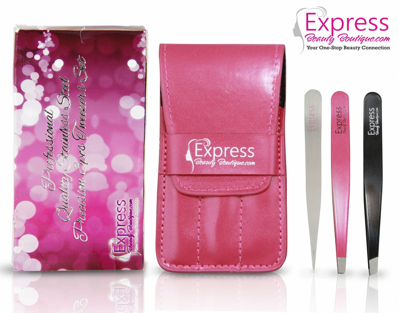 [Australia] - Express Beauty Boutique Tweezers 3pcs Set Pink Case Professional Quality Stainless Steel Precision Eyebrow Tweezer for Ingrown Hair Shaping Eyebrows. 