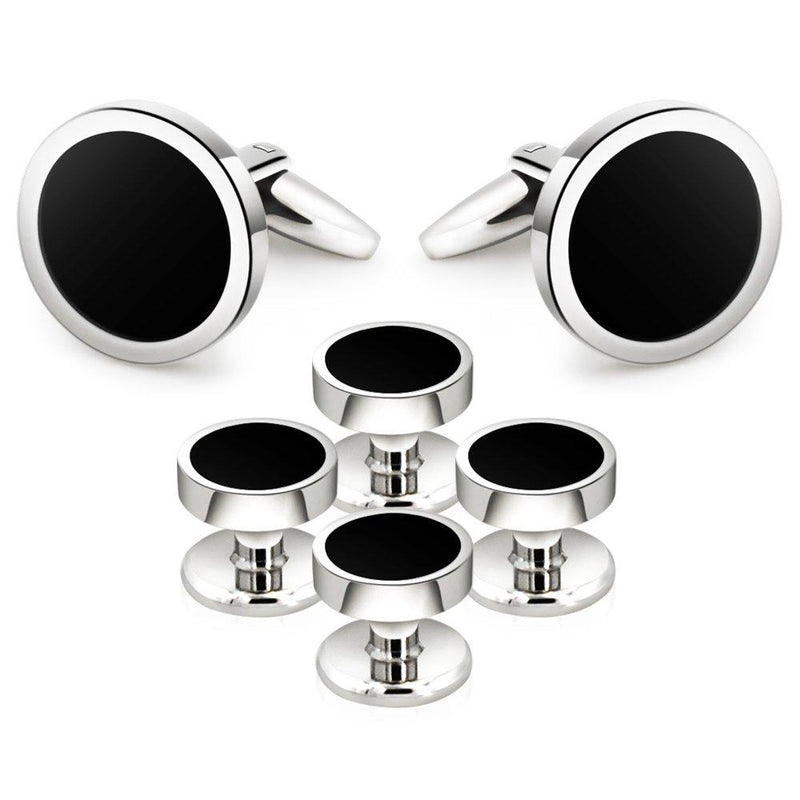 [Australia] - Mr.Van Onyx Cufflinks and Studs Set Formal Black Silver Groomsmen Groom Wedding Gift Cuff Links 