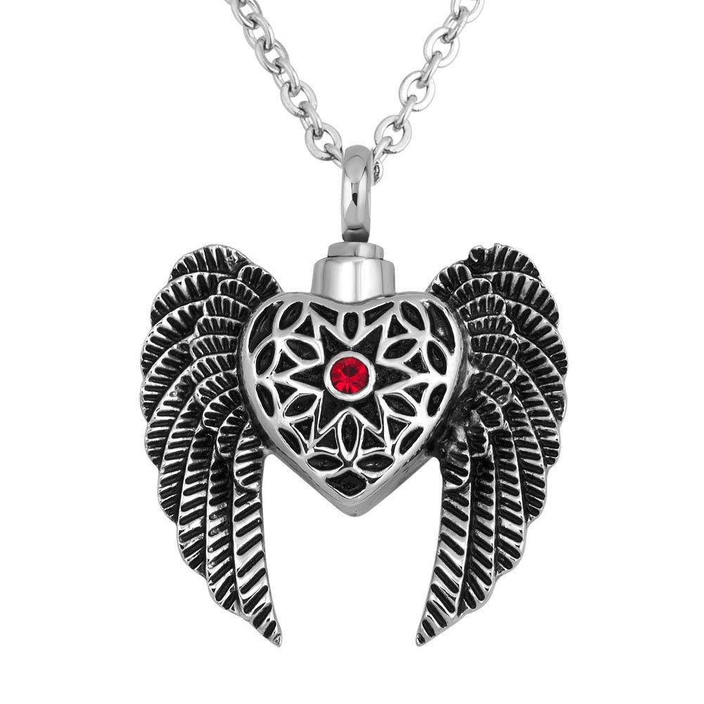 [Australia] - LovelyJewelry Angel Wings Cremation Necklaces for Ashes Red Synthetic Crystal Heart Urn Necklace Keepsake Memorial Pendants 