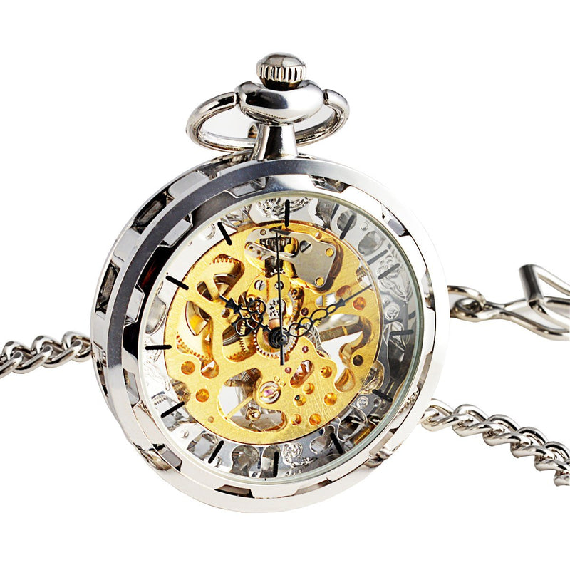 [Australia] - SIBOSUN Steampunk Transparent Open Face Pocket Watch for Men Women Skeleton Dial Antique with Chain + Box 1.Silver 